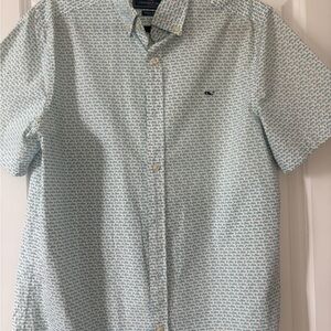 Vineyard Vines Light Blue and White Short-Sleeve Whale Print Button-Down Shirt
